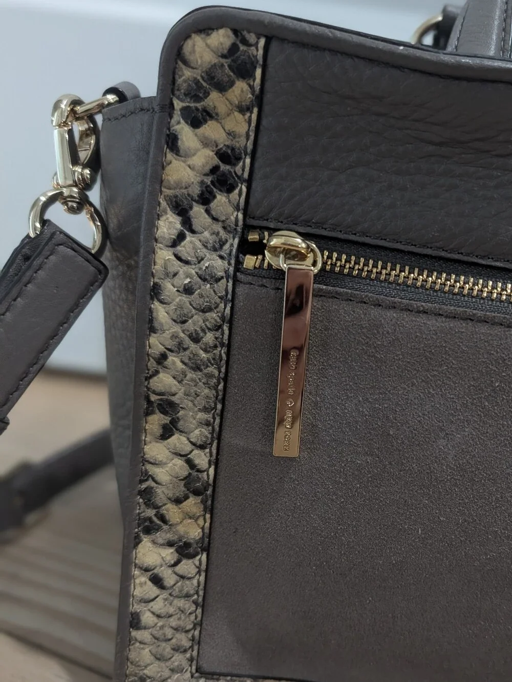 kate spade Taupe Leather & Snake-Print Trim Tote